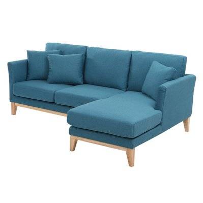 Canapé d'angle droit déhoussable 4 places en tissu bleu canard et bois clair OSLO - L192xP130xA80 - 41591 - 3662275072648