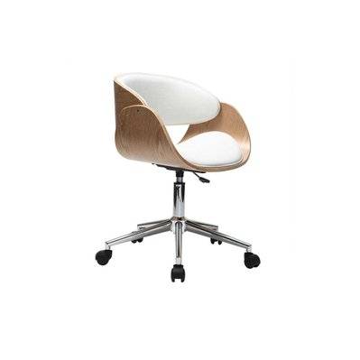 Chaise de bureau à roulettes design blanc, bois clair et acier chromé BENT - - 32607 - 3662275062090