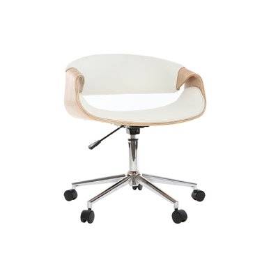 Chaise de bureau à roulettes design blanc, bois clair et acier chromé ARAMIS - - 42627 - 3662275078992