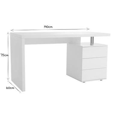 Bureau avec rangements 3 tiroirs design blanc laqué brillant L140 cm CALIX - L140xP60xH75 - 20440 - 3662275027273