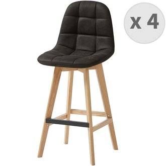 OWEN OAK - Chaise de bar vintage microfibre  marron foncé pieds chêne(x4)
