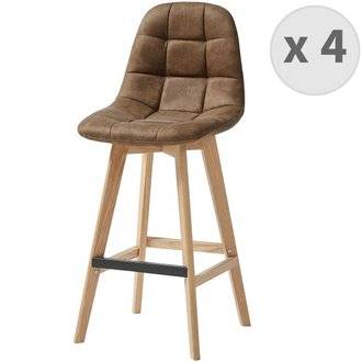 OWEN OAK - Chaise de bar vintage microfibre marron pieds chêne(x4)