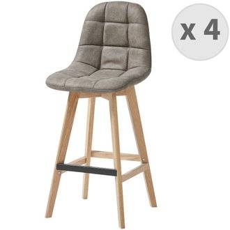 OWEN OAK - Chaise de bar vintage microfibre marron clair pieds chêne(x4)