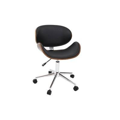 Chaise de bureau à roulettes design noir, bois foncé noyer et acier chromé WALNUT - - 34765 - 3662275064544