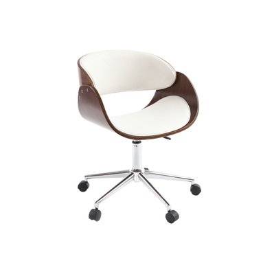 Chaise de bureau à roulettes design blanc, bois foncé noyer et acier chromé BENT - - 31341 - 3662275058284