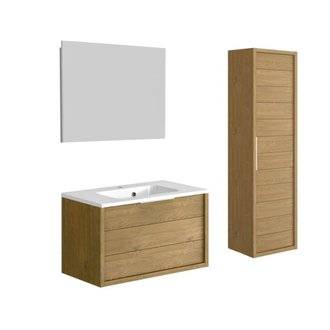 Meuble de salle de bain SORENTO couleur chêne clair 80 cm + plan vasque STYLE + miroir DEKO 80x60cm + colonne