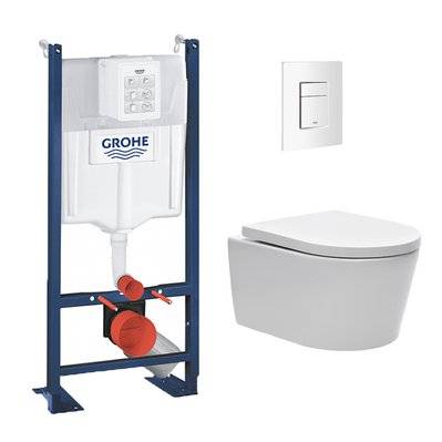 Grohe Pack WC Bâti autoportant avec Cuvette Swiss Aqua Technologies sans bride + Plaque blanche (ProjectSATrimless-4) - 0034966356284 - 0034966356284