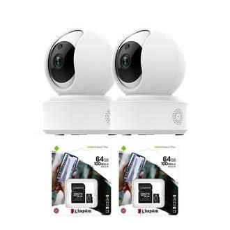 DAEWOO Pack de 2 caméras intérieures rotatives avec cartes SD 64 Go | Full HD | Détection de mouvement | Vision nocturne | Audio
