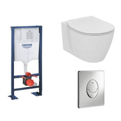 Pack WC suspendu compact Ideal Standard Connect space + abattant + plaque chromée + bati Grohe - E121901_38340001_38505000 - 3701068215487