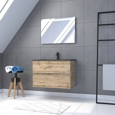 Meuble salle de bain 80x54 - Finition chene naturel + vasque noire + miroir Led - TIMBER 80 - Pack12 - PACM222 - 3700710249801