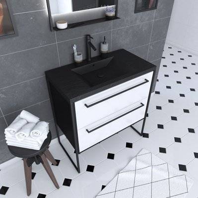 Meuble de salle de bain 80x50 cm Noir MAT - 2 tiroirs BLANC - vasque résine noire effet pierre - PACM049 - 3700710244790