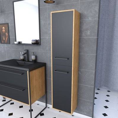 Colonne de salle de bain chene brun 30x35x150 cm avec 2 portes et poignees noir mat - STRUCTURA F083 - PACM092 - 3700710244912