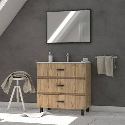 Ensemble meuble de salle de bain - Chene industriel - tiroirs -pieds en aluminium noir mat - miroir - LAV570 - 3700710238928