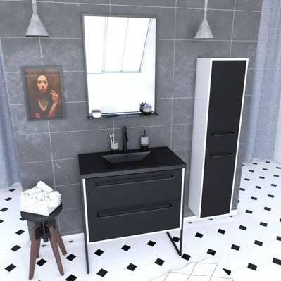 Ensemble meuble de salle de bain 80x50 cm - vasque noir effet pierre + colonne noir mat + miroir - PACM031 - 3700710250166