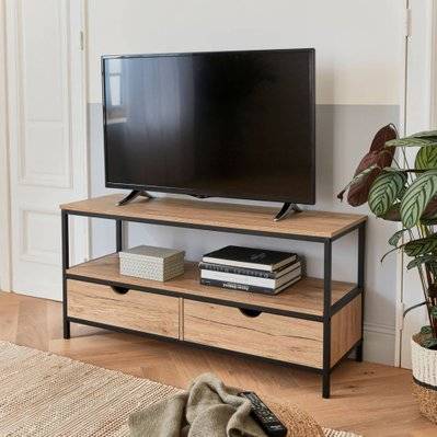 Meuble TV en décor bois et métal noir 120x39x57cm - Loft - avec 2 tiroirs - 3760326995141 - 3760326995141