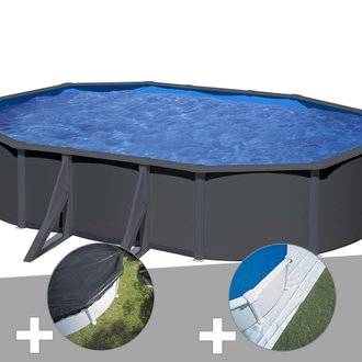 Kit piscine acier gris anthracite Gré Louko ovale 5,27 x 3,27 x 1,22 m + Bâche d'hivernage + Tapis de sol