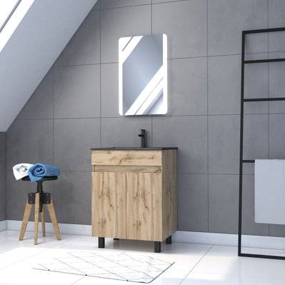 Meuble salle de bain 60x80 - Finition chene naturel - vasque noire + miroir Led - TIMBER 60 - Pack02 - PACM212 - 3700710249702