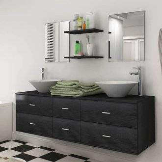 vidaXL Meuble de salle de bain 9 pcs avec lavabo et robinet Noir
