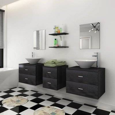 vidaXL Meubles de salle de bain 9 pcs avec lavabo et robinet Noir - 273689 - 8718475992745