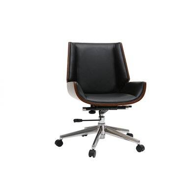 Chaise de bureau à roulettes design noir, bois foncé noyer et acier chromé CURVED - - 46474 - 3662275105544