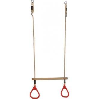 Trapèze en bois avec anneaux de gym rouges