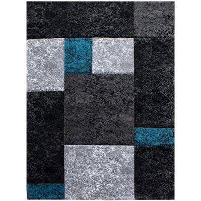 CARRE - Tapis géométrique à carreaux - Noir et Bleu 200 x 290 cm - HAWAII2002901330TURKIS - 3701479520255