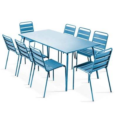 Ensemble table de jardin et 8 chaises en métal bleu pacific  180 x 90 x 72 cm - 106042 - 3663095037817