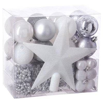 Kit Décoration pour sapin de Noël - 44 Pièces - Blanc et gris - 510198 - 3662874118396