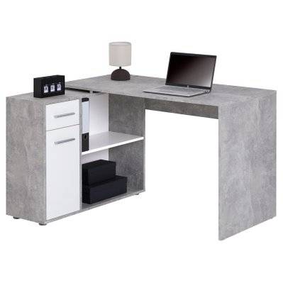 Bureau d'angle ISOTTA avec meuble de rangement, décor béton et blanc mat - 14738 - 4016787147384
