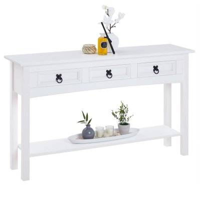 Table console RURAL avec 3 tiroirs, style mexicain en pin massif blanc - 93954 - 4016787939545