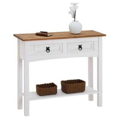 Table console CAMPO avec 2 tiroirs, style mexicain en pin massif blanc et brun - 95049 - 4016787950496