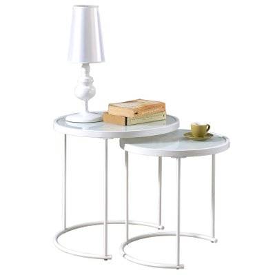 Lot de 2 tables d'appoint gigognes LEYRE, plateau rond en verre blanc et cadre en métal blanc - 13923 - 4016787139235