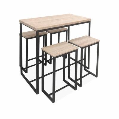 Set table haute rectangulaire LOFT avec 4 tabourets de bar. acier et décor bois. encastrable. design - 3760326994878 - 3760326994878