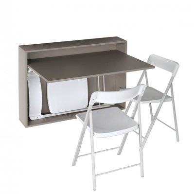 Bureau/Table Extensible mural Gris taupe avec 3 chaises intégrées blanche - 20100892784 - 3663556376950