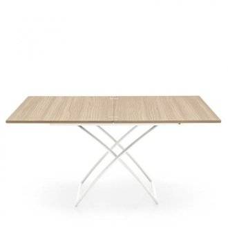 Table basse relevable extensible italienne MAGIC J  en bois naturel et piétement en acier laqué blanc