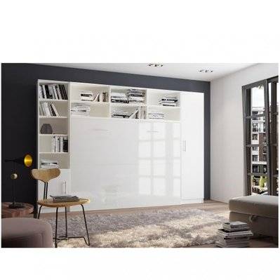Composition armoire lit horizontale STRADA-V2 blanc mat façade armoire-lit blanc brillant avec 2 colonnes 140*200 cm - 20100889557 - 3663556362793