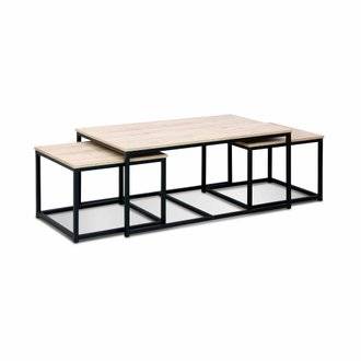 Lot de 3 tables gigognes métal noir. décor bois - Loft - encastrables. 1x100x45x60cm / 2x50x50x38cm