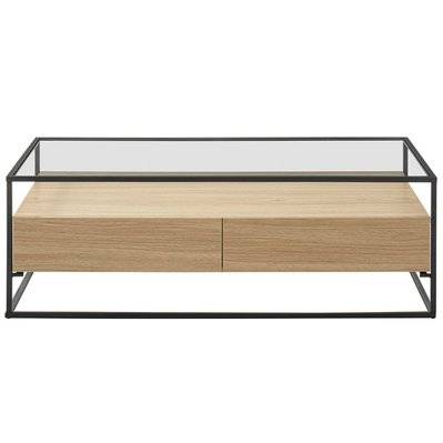 Table basse rectangulaire 2 tiroirs verre trempé, bois clair finition chêne et métal noir FINN - L120xP60xH40 - 49284 - 3662275116908