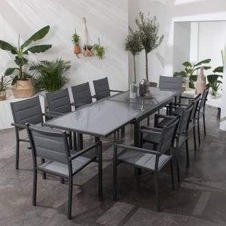 Salon de jardin LAMPEDUSA extensible en textilène gris 10 places - aluminium anthracite