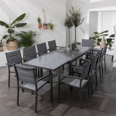 Salon de jardin LAMPEDUSA extensible en textilène gris 10 places - aluminium anthracite - 2275 - 3701227202631