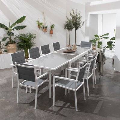 Salon de jardin LAMPEDUSA extensible en textilène gris 10 places - aluminium blanc - 2276 - 3701227202648