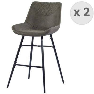 QUEENS - Chaises de bar industrielle microfibre vintage marron foncé pieds métal noir (x2) - 2131 - 3701139522902