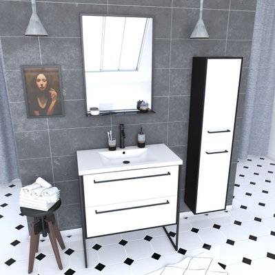 Ensemble de salle de bain 80 cm Blanc finition noir + vasque blanche+ miroir + colonne de rangement - PACM047 - 3700710252283