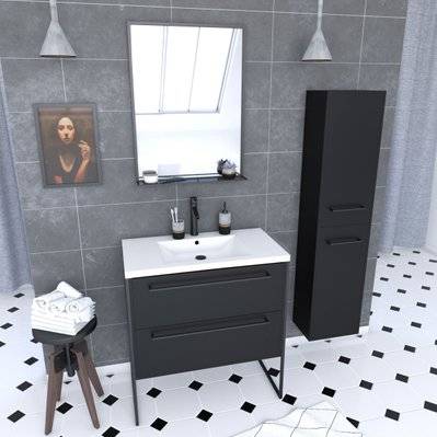 Pack meuble de salle de bain 80x50 cm Noir - 2 tiroirs - vasque blanche - miroir - colonne suspendu - PACM058 - 3700710252924