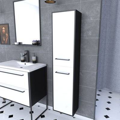 Colonne de salle de bain NOIR MAT 30x35x150 cm avec 2 portes blanches et poignées noir mat - PACM048 - 3700710244783
