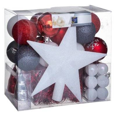 Kit Décoration pour sapin de Noël - 44 Pièces - Blanc, rouge, gris foncé et argenté - 513684 - 3560239511229
