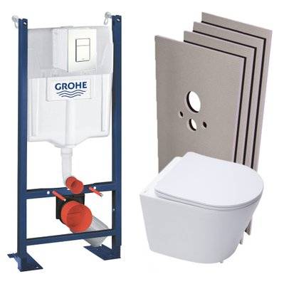 Grohe Pack WC Bâti-support autoportant + WC suspendu sans bride SAT + Abattant frein de chute + Plaque Blanc + Set d'habillage - 0750122368648 - 0750122368648