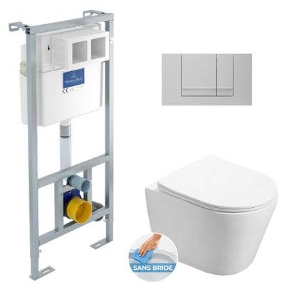 Villeroy & Boch Pack WC Bâti-support + WC Swiss Aqua Technologies sans bride et fixations invisibles + Plaque chrome mat - 0750122361069 - 0750122361069