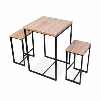 Set table haute carré - Loft - avec 2 tabourets de bar. acier et décor bois. encastrable. design - 3760350651914 - 3760350651914