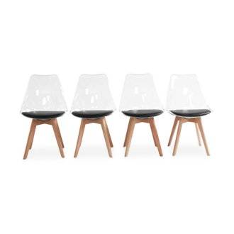 Lot de 4 chaises scandinaves - Lagertha - pieds bois. fauteuils 1 place. coussin noir. coque transparente
